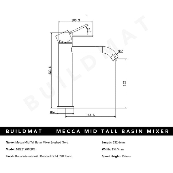 Nero Mecca Mid Tall Basin Mixer Brushed Gold