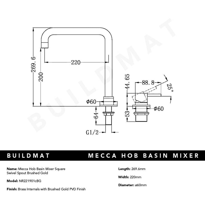 Mecca Hob Basin Mixer Square Swivel Brushed Gold