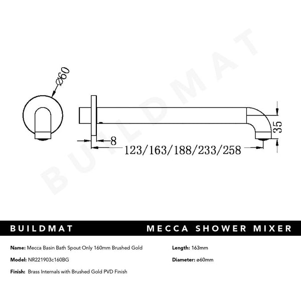 Nero Mecca Wall Basin/Bath 160mm Spout Brushed Gold