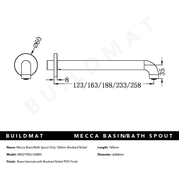 Nero Mecca Basin/Bath Spout Only 160mm Brushed Nickel