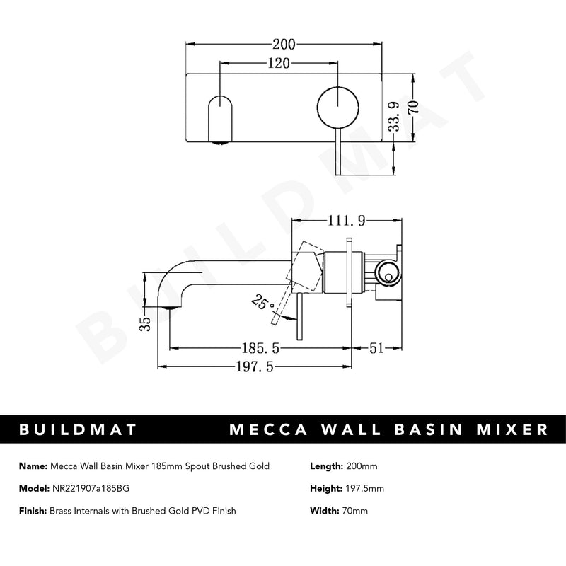 Mecca Wall Basin Mixer 185mm Spout Brushed Gold