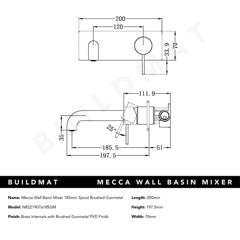 Mecca Wall Basin Mixer 185mm Spout Brushed Gunmetal