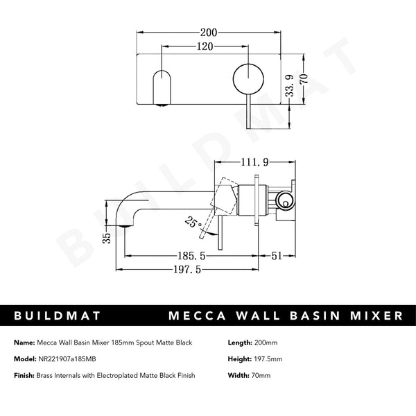 Nero Mecca Wall Basin Mixer 185mm Spout Matte Black