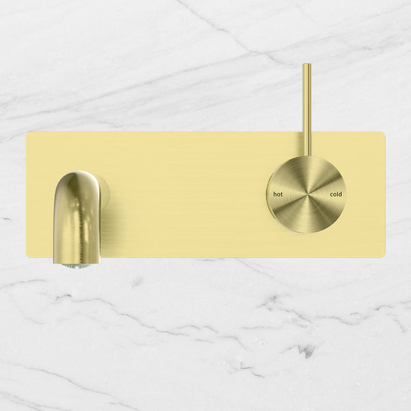 Nero Mecca Wall Basin Mixer Handle Up 185mm Spout Brushed Gold