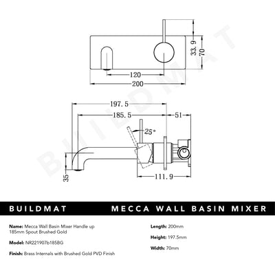 Mecca Wall Basin Mixer Handle Up 185mm Spout Brushed Gold