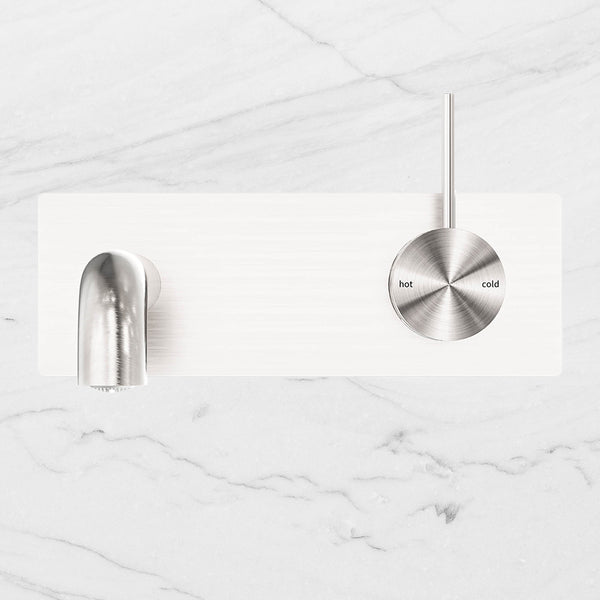 Nero Mecca Wall Basin Mixer Handle Up 185mm Spout Brushed Nickel