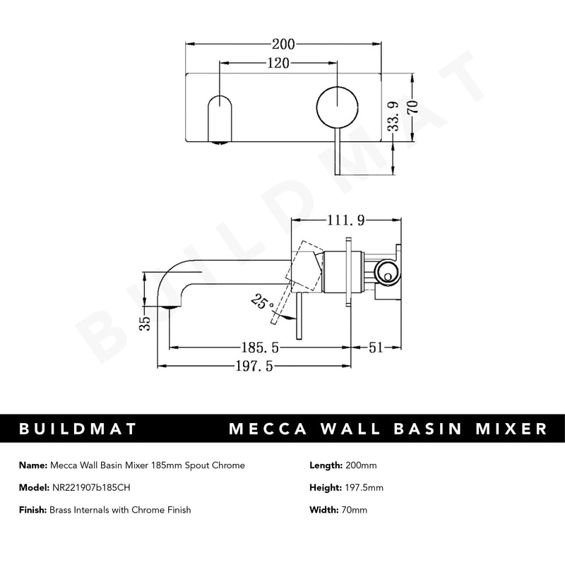 Mecca Wall Basin Mixer Handle Up 185mm Spout Chrome