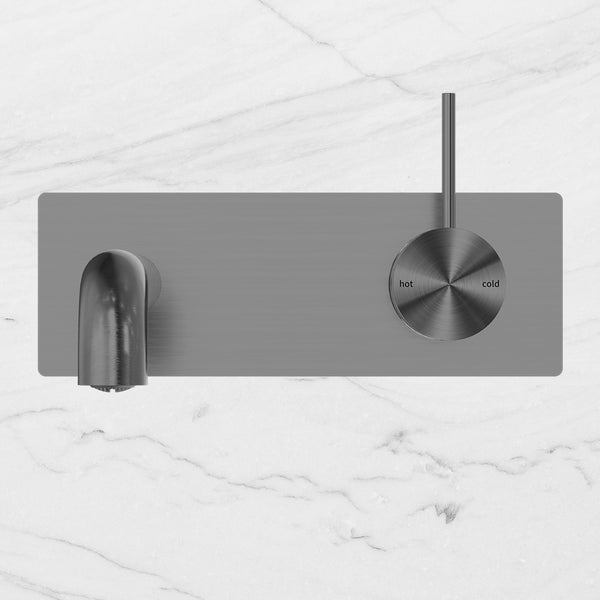 Nero Mecca Wall Basin Mixer Handle Up 185mm Spout Brushed Gunmetal