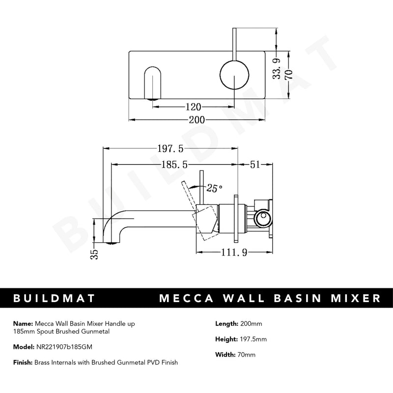 Mecca Wall Basin Mixer Handle Up 185mm Spout Brushed Gunmetal