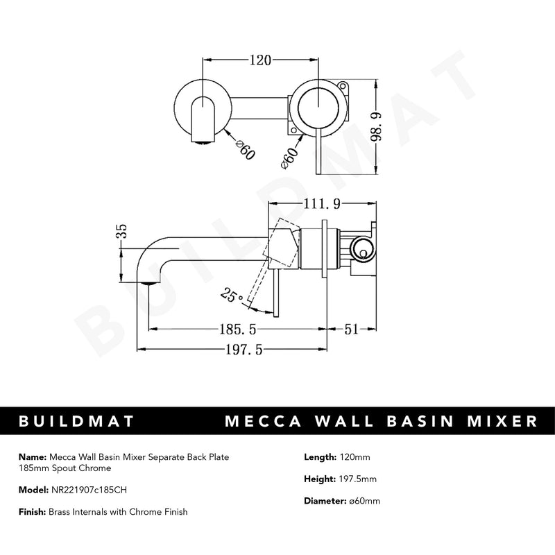 Mecca Wall Basin Mixer Separate Back Plate 185mm Spout Chrome