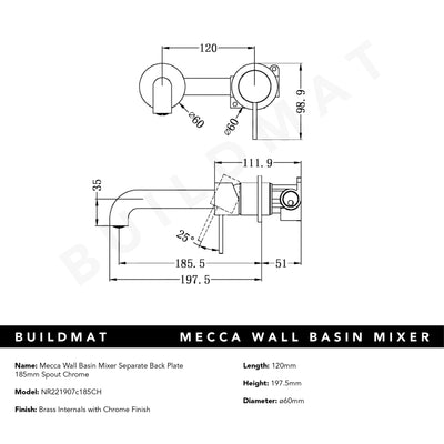 Mecca Wall Basin Mixer Separate Back Plate 185mm Spout Brushed Nickel