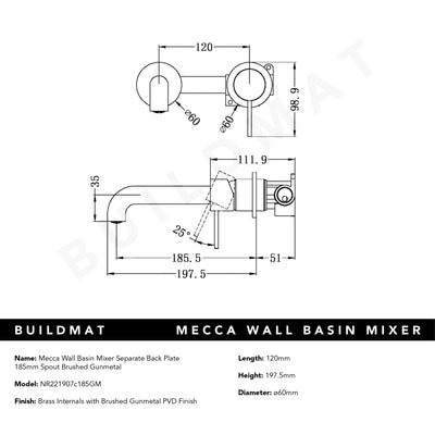Mecca Wall Basin Mixer Separate Back Plate 185mm Spout Brushed Gunmetal