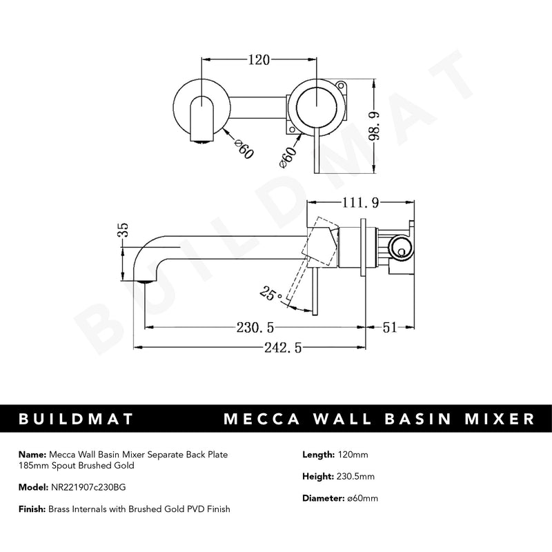 Mecca Wall Basin Mixer Separate Back Plate 230mm Spout Brushed Gold