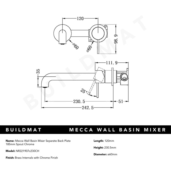 Nero Mecca Wall Basin Mixer Separate Back Plate 230mm Spout Chrome