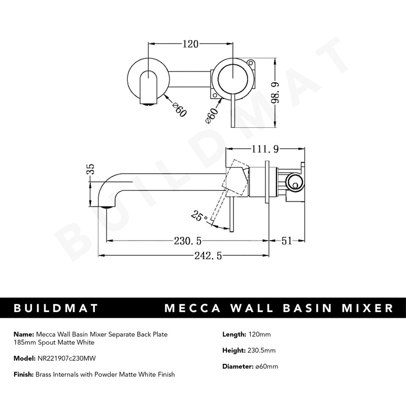 Mecca Wall Basin Mixer Separate Back Plate 230mm Spout Matte White