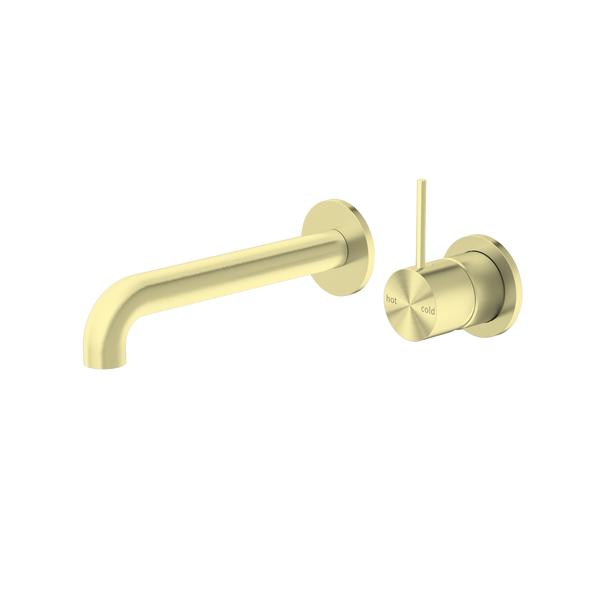 Nero Mecca Wall Basin Mixer Separate Back Plate Handle Up 185mm Spout Brushed Gold
