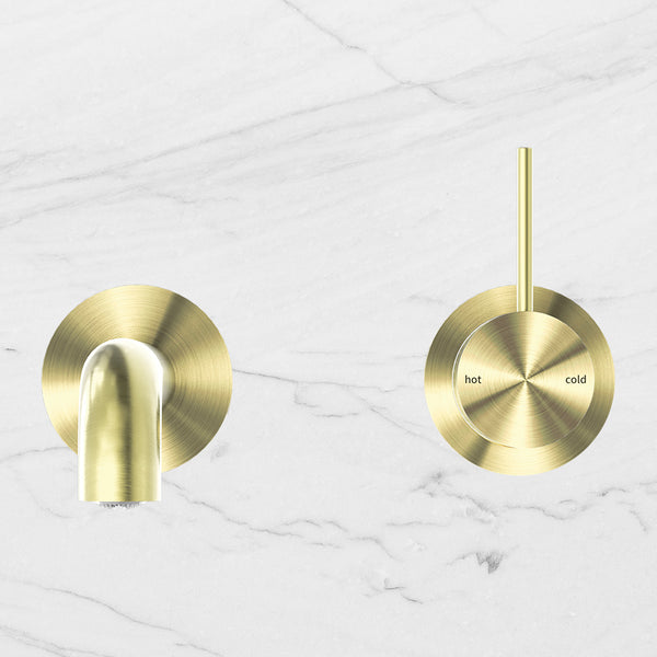 Nero Mecca Wall Basin Mixer Separate Back Plate Handle Up 185mm Spout Brushed Gold