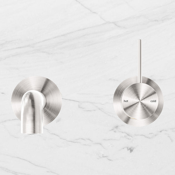 Nero Mecca Wall Basin Mixer Separate Back Plate Handle Up 185mm Spout Brushed Nickel