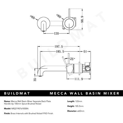 Mecca Wall Basin Mixer Separate Back Plate Handle Up 185mm Spout Brushed Nickel