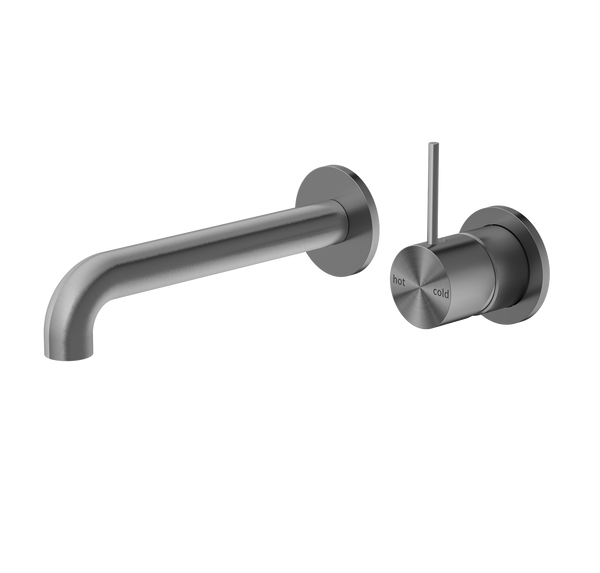 Nero Mecca Wall Basin Mixer Separate Back Plate Handle Up 185mm Spout Brushed Gunmetal