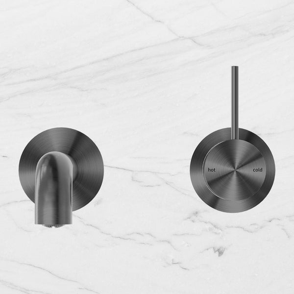 Nero Mecca Wall Basin Mixer Separate Back Plate Handle Up 185mm Spout Brushed Gunmetal