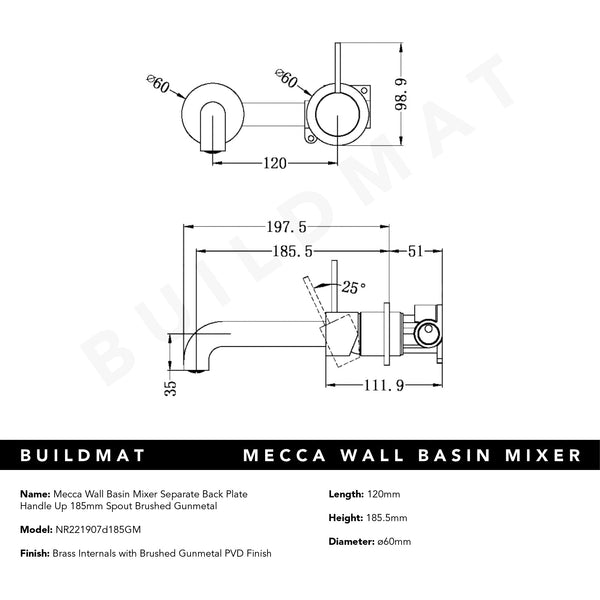 Nero Mecca Wall Basin Mixer Separate Back Plate Handle Up 185mm Spout Brushed Gunmetal