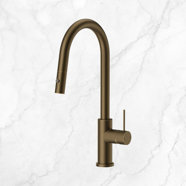 Nero Mecca Pull Out Sink Mixer With Vegie Spray Function Tumbled Antique Brass Lead Free