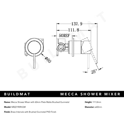 Mecca Shower Mixer with 60mm Plate Brushed Gunmetal
