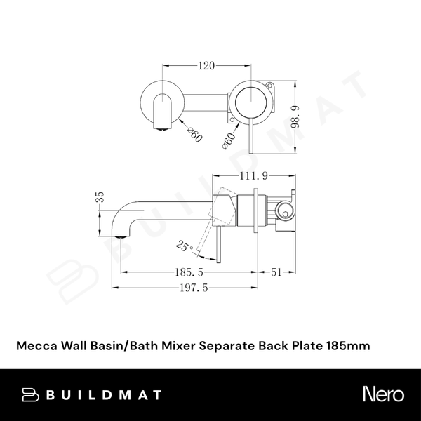 Nero Mecca Wall Basin/Bath Mixer Separate Back Plate 185mm (Complete Kit) Rome Bronze