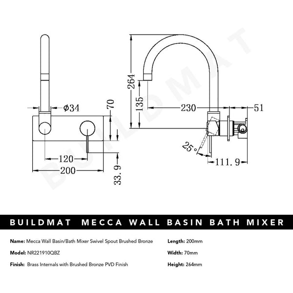 Nero Mecca Wall Basin/Bath Mixer Swivel Spout Brushed Bronze