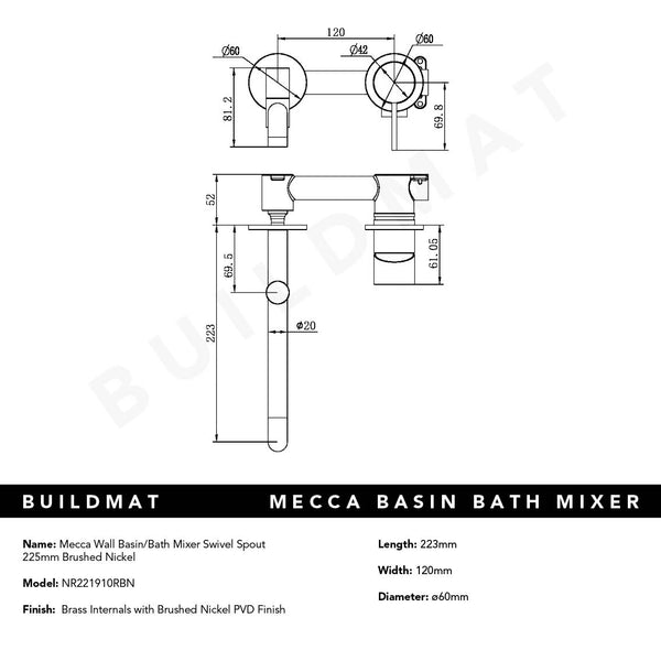 Nero Mecca Wall Basin/Bath Mixer Swivel Spout 225mm Brushed Nickel