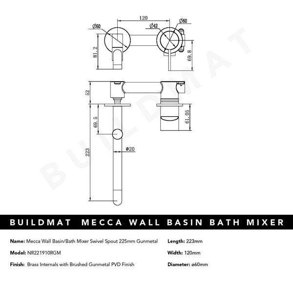Nero Mecca Wall Basin/Bath Mixer Swivel Spout 225mm Brushed Gunmetal