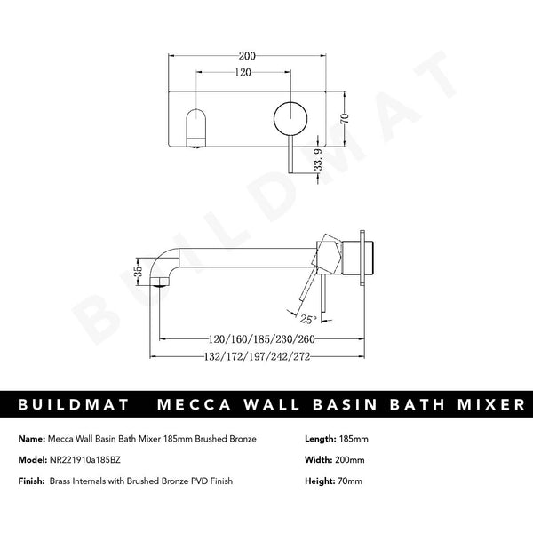Nero Mecca Wall Basin/Bath Mixer 185mm Brushed Bronze