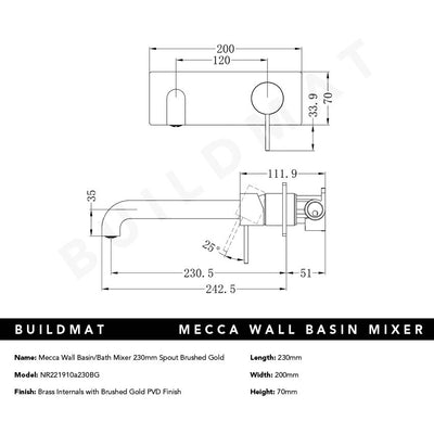 Mecca Wall Basin/Bath Mixer 230mm Spout Brushed Gold