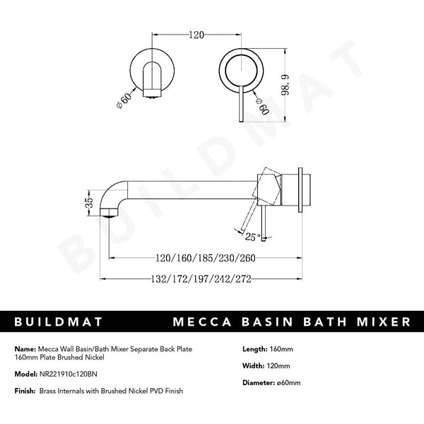 Nero Mecca Wall Basin/Bath Mixer Separate Back Plate 160mm Spout Brushed Nickel