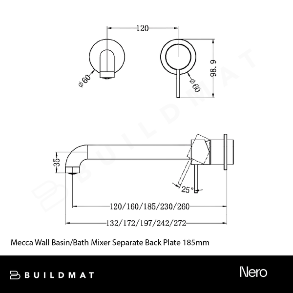 Nero Mecca Wall Basin/Bath Mixer Separate Back Plate 185mm Brushed Gold