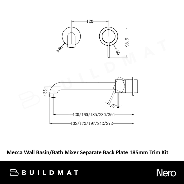 Nero Mecca Wall Basin Bath Mixer Separate Back Plate 185mm (Trim Kit Only) Brushed Nickel