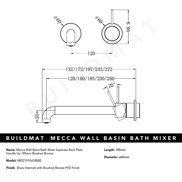 Nero Mecca Wall Basin Mixer Separate Back Plate Handle Up 185mm Spout Brushed Bronze