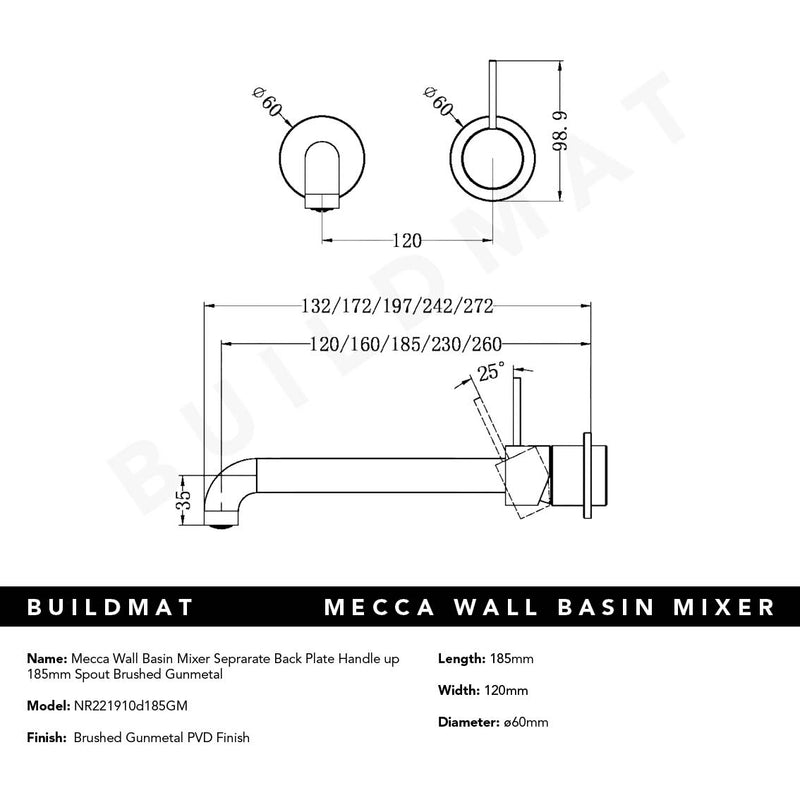 Mecca Wall Basin Mixer Separate Back Plate Handle Up 185mm Spout Brushed Gunmetal