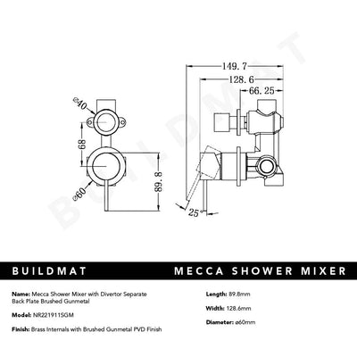 Mecca Shower Mixer with Divertor Separate Back Plate Brushed Gunmetal