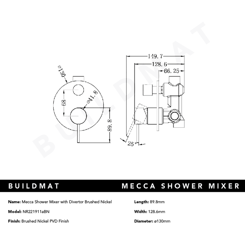 Mecca Shower Mixer with Divertor Brushed Nickel