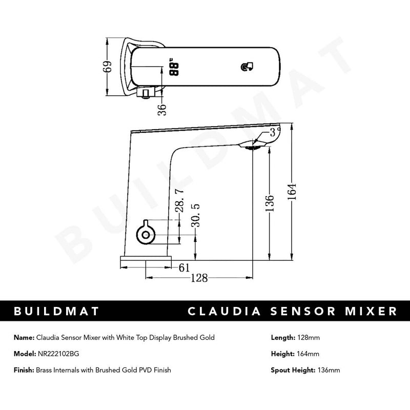 Claudia Sensor Mixer with White Top Display Brushed Gold