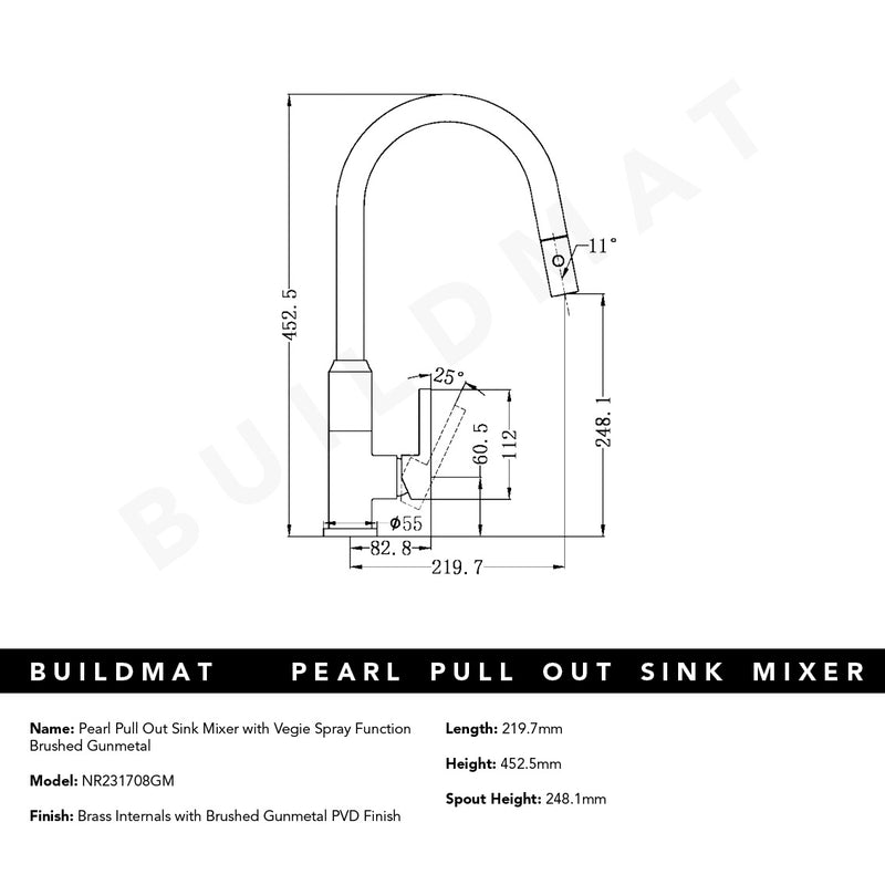 Pearl Pull Out Sink Mixer With Veggie Spray Function Brushed Gunmetal