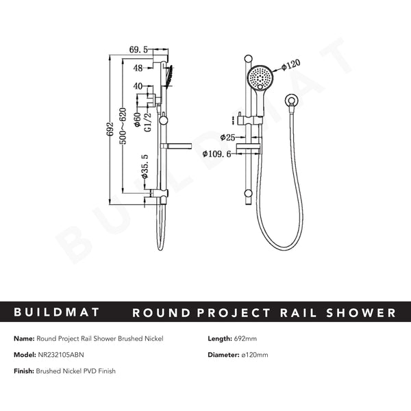 Nero Round Project Rail Shower Brushed Nickel