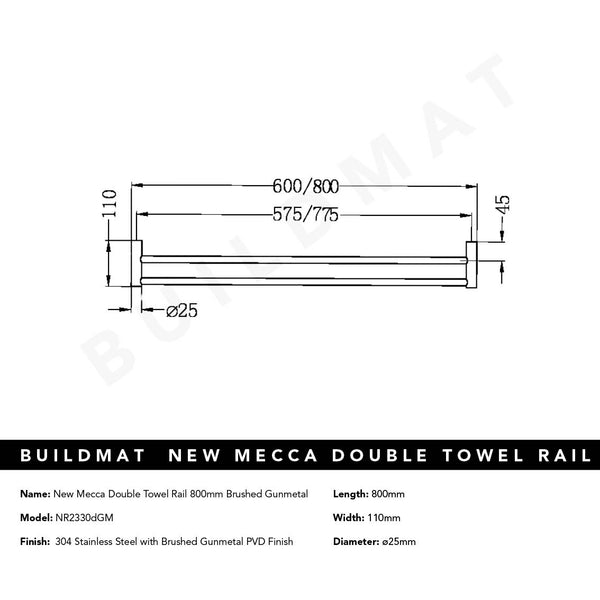 Nero New Mecca Double Towel Rail 800mm Brushed Gunmetal
