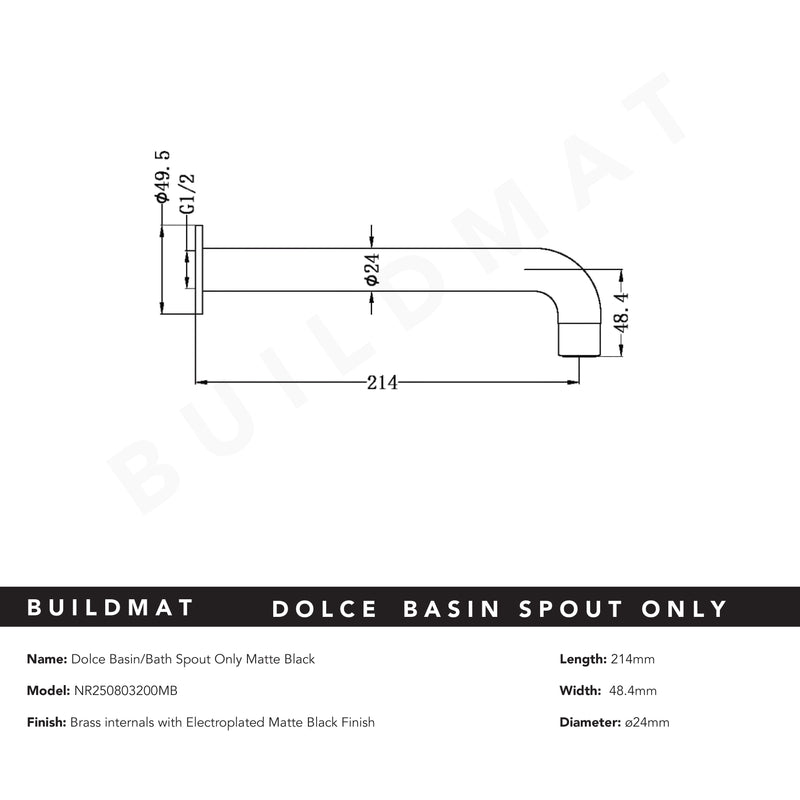 Dolce Basin Bath Spout Only 215mm Matte Black