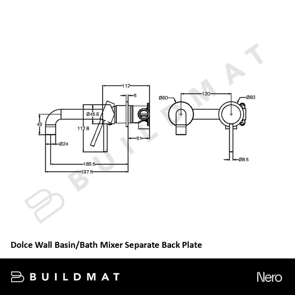 Nero Dolce Wall Basin/Bath Mixer Separate Back Plate Brushed Gold