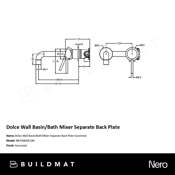 Nero Dolce Wall Basin/Bath Mixer Separate Back Plate Gunmetal