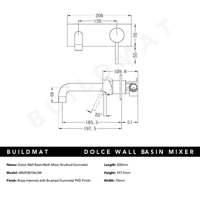 Dolce Wall Basin/Bath Mixer Brushed Gunmetal