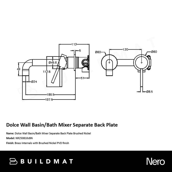 Nero Dolce Wall Basin/Bath Mixer Separate Back Plate Brushed Nickel